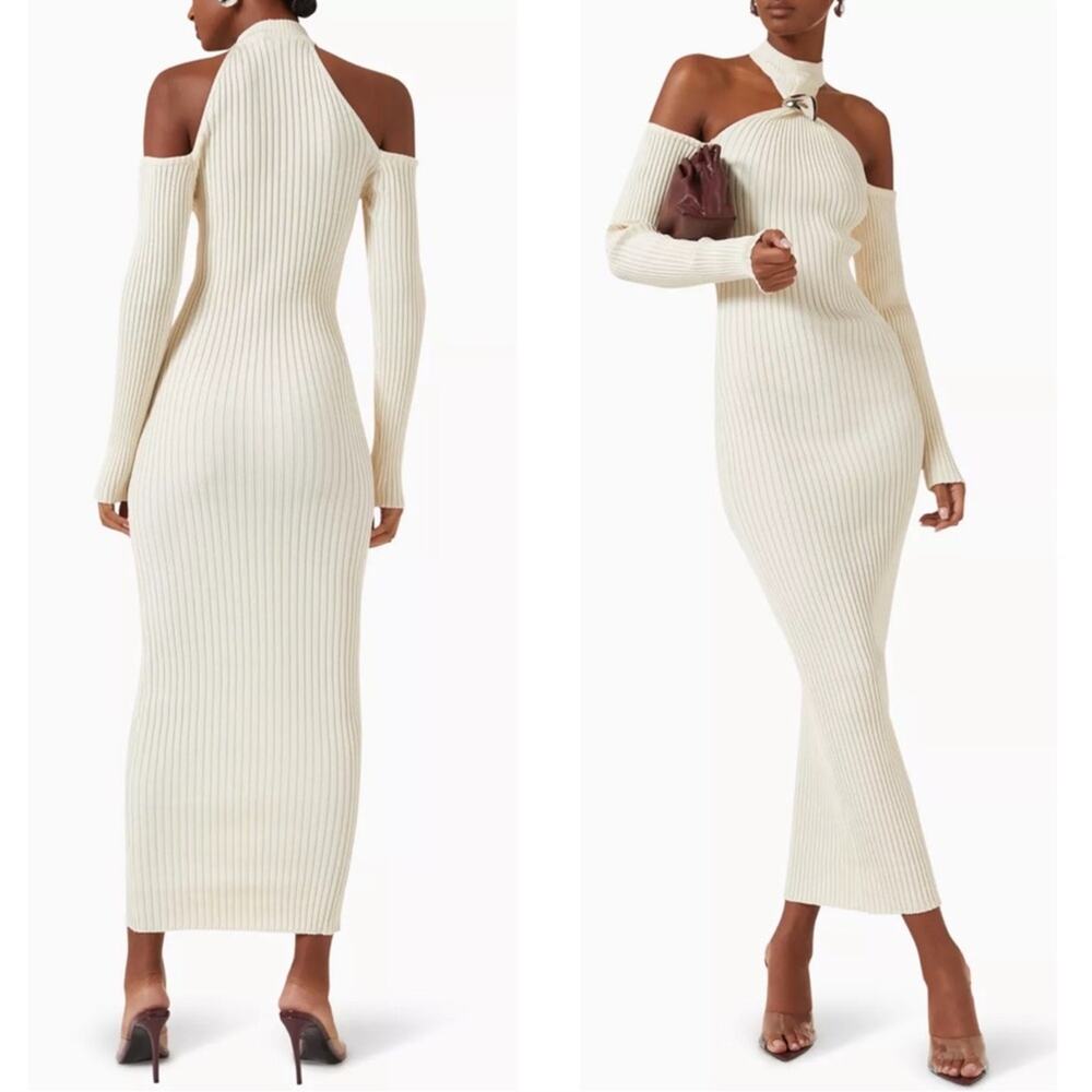 BAOBAB Yumiko Silver Embellished Long Sleeve Cutout Coconut Knit Maxi Dress Sz M